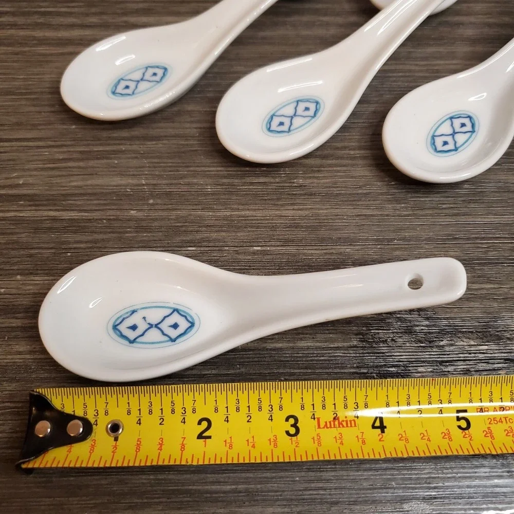Appetizer Serving Set Of‎ 8 Porcelain Chinese Soup Spoons Blue Diamond Print